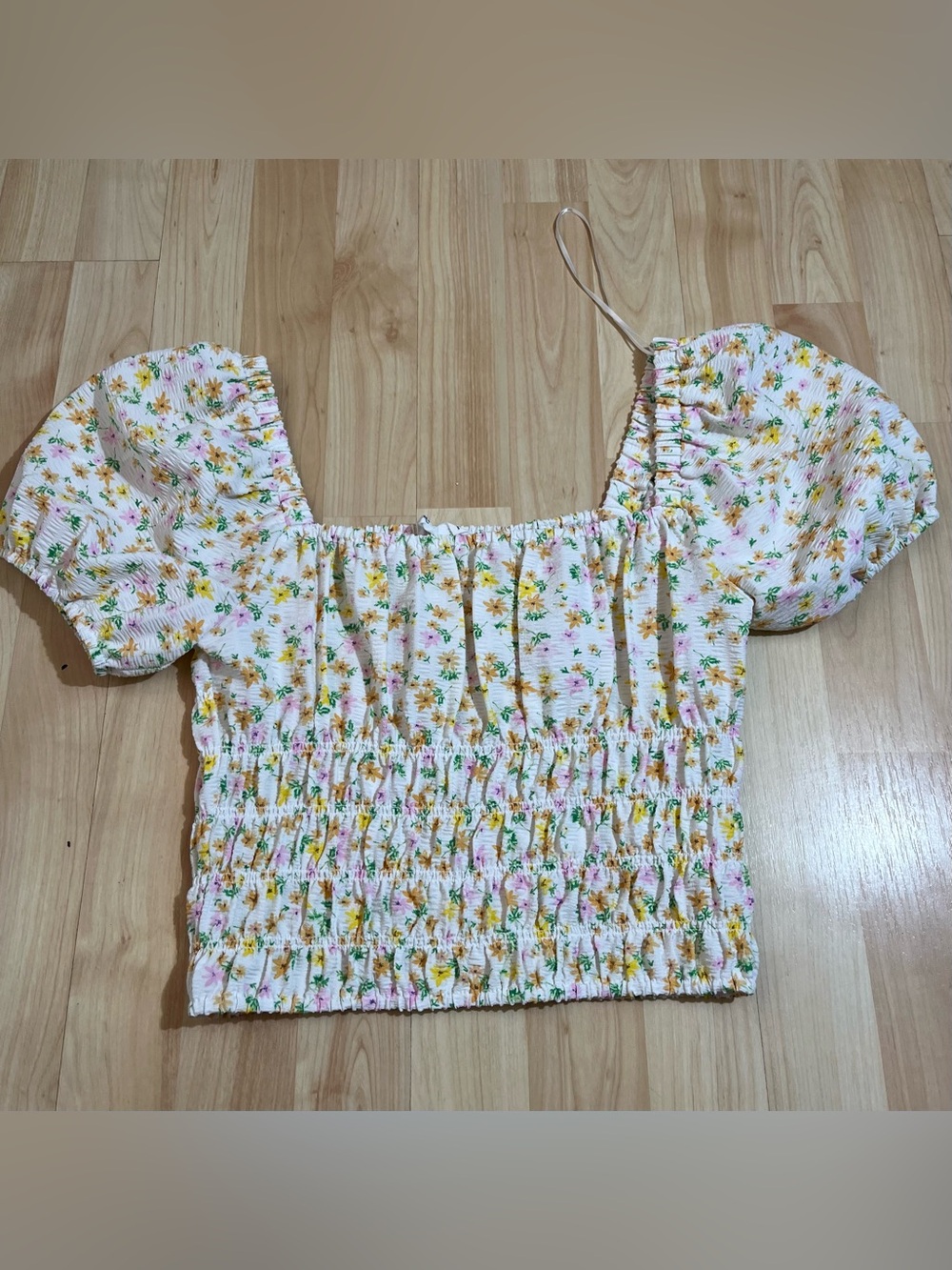 Elodie Womens White Floral Puff Sleeve Synched Crop Blouse small